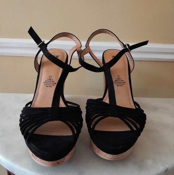H&M Black  Open Toe Wedge Cork Heel Strappy Sandals Size 9.5 - Picture 3 of 8